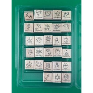 Stampin Up Near Round Fun II Retired 28pc Wood Rubber Stamp Set 2004 Holiday
